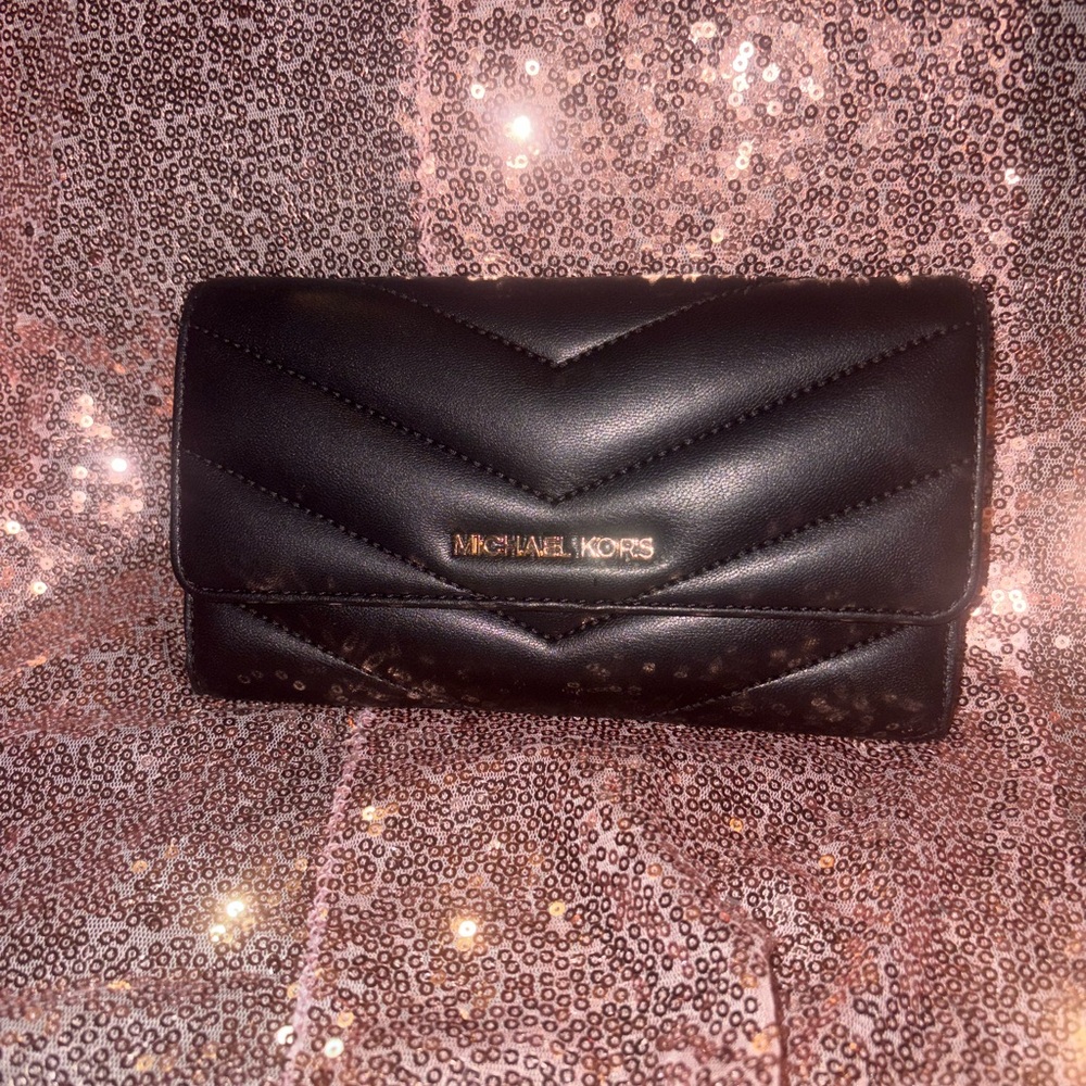 Michael Kors Black Jet Set Travel Large Quilted Tri-Fold Wallet
